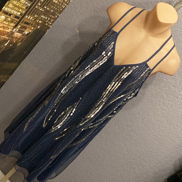 ANGIE - NWT - dress: grey lined mini, mesh overlay & beads / sequins, straps - L - Picture 16 of 16